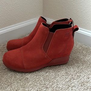 Sorel evie orange pull on suede wedge booties